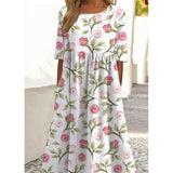 Women’s Embroidered Midi Dress Floral Patchwork Boho Casual Loose Fit Summer Dress with Pockets