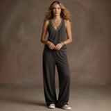 Women’s 2 Piece Outfits Sleeveless V Neck Top and Wide Leg Pants Set Casual Lounge Matching Set