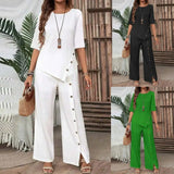 Women 2 Piece Outfit, Button Half Sleeve Shirt & Irregular Hem Long Pants Set, Loose Elegant Casual Matching Suit