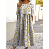 Women’s Embroidered Midi Dress Floral Patchwork Boho Casual Loose Fit Summer Dress with Pockets