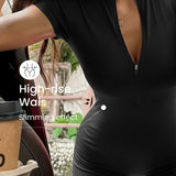 Women's Ribbed Solid Color Bodycon Jumpsuit Stand Collar Short Sleeve Zipper Front Mid-Stretch Summer Casual Outfit