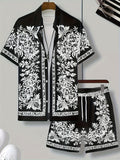 Men's Black White Floral Print 2 Piece Camp Collar Short Sleeve Button Up Shirt and Drawstring Casual Shorts Set