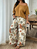 Women's 2 Piece Casual Outfit, Off Shoulder Short Sleeve Solid Blouse and Floral Print Wide Leg Pants Set, Summer Co Ord
