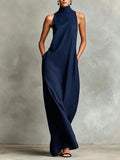 Women’s Sleeveless Mock Neck Maxi Dress Loose Fit Casual Summer Long Dress with Pockets Elegant Black