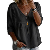 Women's White V-Neck Lace Trim Peplum Blouse with 3/4 Sleeves for Casual Bohemian Style