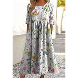 Women’s Embroidered Midi Dress Floral Patchwork Boho Casual Loose Fit Summer Dress with Pockets