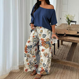 Women's 2 Piece Casual Outfit, Off Shoulder Short Sleeve Solid Blouse and Floral Print Wide Leg Pants Set, Summer Co Ord