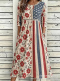 Women’s Embroidered Midi Dress Floral Patchwork Boho Casual Loose Fit Summer Dress with Pockets