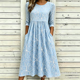Women’s Embroidered Midi Dress Floral Patchwork Boho Casual Loose Fit Summer Dress with Pockets