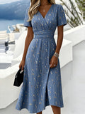 Women’s Floral Midi Dress Short Sleeve V Neck A Line Summer Dress Casual Wedding Guest Dress Blue