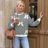 Women’s Striped Sweatshirt Long Sleeve Crewneck Pullover Bow Detail Casual Loose Fit Tops Black White