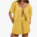 Women 2 Piece Outfit, Summer Casual Plaid Lace-Up Top and Shorts Matching Set for Beach Vacation Puff Sleeve