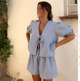 Women 2 Piece Outfit, Summer Casual Plaid Lace-Up Top and Shorts Matching Set for Beach Vacation Puff Sleeve