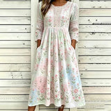 Women’s Embroidered Midi Dress Floral Patchwork Boho Casual Loose Fit Summer Dress with Pockets