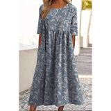 Women’s Embroidered Midi Dress Floral Patchwork Boho Casual Loose Fit Summer Dress with Pockets