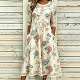 Women’s Embroidered Midi Dress Floral Patchwork Boho Casual Loose Fit Summer Dress with Pockets