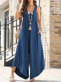 Women Sleeveless V Neck Loose Wide Leg Jumpsuit Irregular Hem Casual Vacation Jumpsuit With Side Pockets