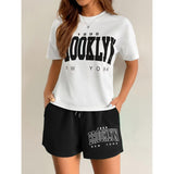 Women's 2-Piece Casual Loungewear Set, Letter Print Crew Neck Short Sleeve T-Shirt & Drawstring Pocket Shorts