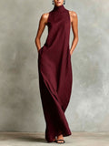Women’s Sleeveless Mock Neck Maxi Dress Loose Fit Casual Summer Long Dress with Pockets Elegant Black
