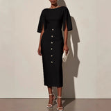 Women’s Elegant Midi Dress Cape Sleeve Button Front Bodycon Pencil Dress Cocktail Party Work Dress Black