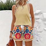 Women's 2 Piece Casual Outfit, Solid Sleeveless Tank Top and Floral Print Drawstring Shorts Set, Summer Vacation Co-Ord