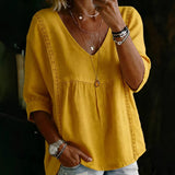 Women's White V-Neck Lace Trim Peplum Blouse with 3/4 Sleeves for Casual Bohemian Style