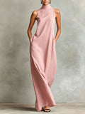 Women’s Sleeveless Mock Neck Maxi Dress Loose Fit Casual Summer Long Dress with Pockets Elegant Black