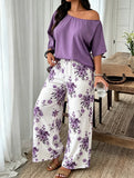 Women's 2 Piece Casual Outfit, Off Shoulder Short Sleeve Solid Blouse and Floral Print Wide Leg Pants Set, Summer Co Ord