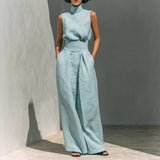 Women's 2-Piece Textured Outfit Set, Sleeveless Mock Turtleneck Top & High Waist Pleated Wide Leg Pants with Pockets