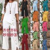 Women 2 Piece Outfit, Button Half Sleeve Shirt & Irregular Hem Long Pants Set, Loose Elegant Casual Matching Suit