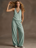 Women’s 2 Piece Outfits Sleeveless V Neck Top and Wide Leg Pants Set Casual Lounge Matching Set