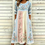 Women’s Embroidered Midi Dress Floral Patchwork Boho Casual Loose Fit Summer Dress with Pockets