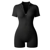 Women's Ribbed Solid Color Bodycon Jumpsuit Stand Collar Short Sleeve Zipper Front Mid-Stretch Summer Casual Outfit