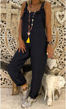 Women Bow Decor Spaghetti Strap Linen Jumpsuit Loose Tapered Ankle Length Casual Boho Overall Romper