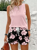 Women's 2 Piece Casual Outfit, Solid Sleeveless Tank Top and Floral Print Drawstring Shorts Set, Summer Vacation Co-Ord