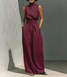 Women's 2-Piece Textured Outfit Set, Sleeveless Mock Turtleneck Top & High Waist Pleated Wide Leg Pants with Pockets