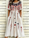 Women’s Embroidered Midi Dress Floral Patchwork Boho Casual Loose Fit Summer Dress with Pockets