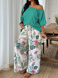 Women's 2 Piece Casual Outfit, Off Shoulder Short Sleeve Solid Blouse and Floral Print Wide Leg Pants Set, Summer Co Ord