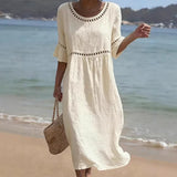 Women's Round Neck Eyelet Cutout Midi Dress, Short Flared Sleeve Empire Waist Loose Textured Beach Cover Up Dress
