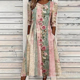 Women’s Embroidered Midi Dress Floral Patchwork Boho Casual Loose Fit Summer Dress with Pockets