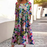 Women’s Embroidered Midi Dress Floral Patchwork Boho Casual Loose Fit Summer Dress with Pockets