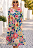 Women’s Embroidered Midi Dress Floral Patchwork Boho Casual Loose Fit Summer Dress with Pockets