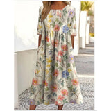 Women’s Embroidered Midi Dress Floral Patchwork Boho Casual Loose Fit Summer Dress with Pockets