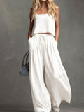 Women Elegant Sub Linen Sleeveless Square Neck Top Wide Leg Palazzo Pants Two Piece Set