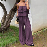 Women's Two-Piece Linen Short Set with Ruffled Top, Casual Beach Vacation Flowy Lounge Pants