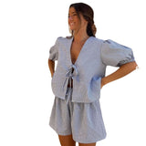 Women 2 Piece Outfit, Summer Casual Plaid Lace-Up Top and Shorts Matching Set for Beach Vacation Puff Sleeve