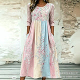 Women’s Embroidered Midi Dress Floral Patchwork Boho Casual Loose Fit Summer Dress with Pockets