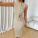 Women's Solid Color Striped Blazer Skirt 2 Piece Set, Sleeveless Button Front Top with High Waist Side Slit Maxi Skirt