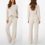 Women's Beige Ribbed Knit Two Piece Set Mock Neck Long Sleeve Sweater Top and Wide Leg Pants Casual Loungewear Outfit