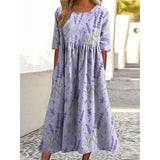Women’s Embroidered Midi Dress Floral Patchwork Boho Casual Loose Fit Summer Dress with Pockets